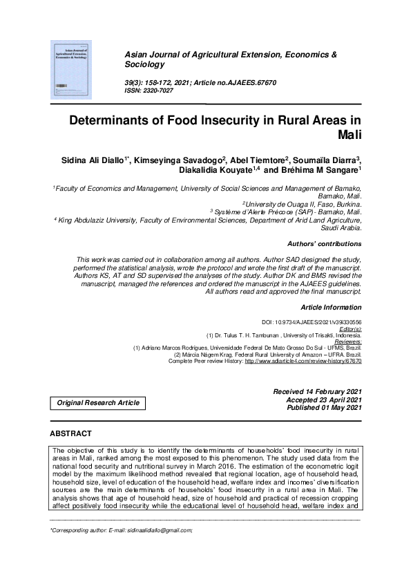 (PDF) Determinants of Food Insecurity in Rural Areas in Mali
