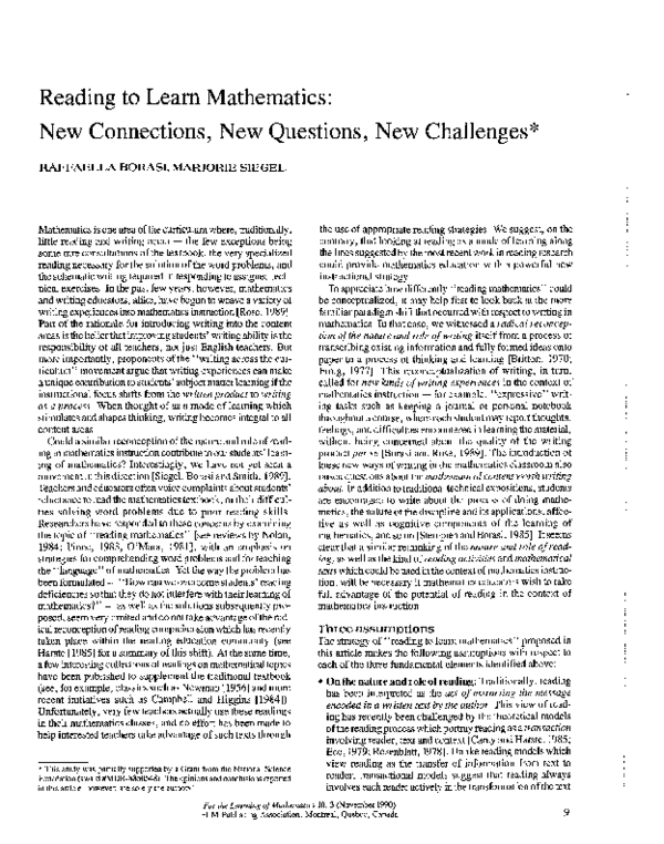 (PDF) Reading to Learn Mathematics: New Connections, New Questions, New ...