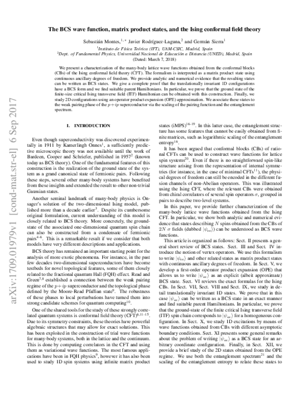 (PDF) BCS wave function, matrix product states, and the Ising conformal ...