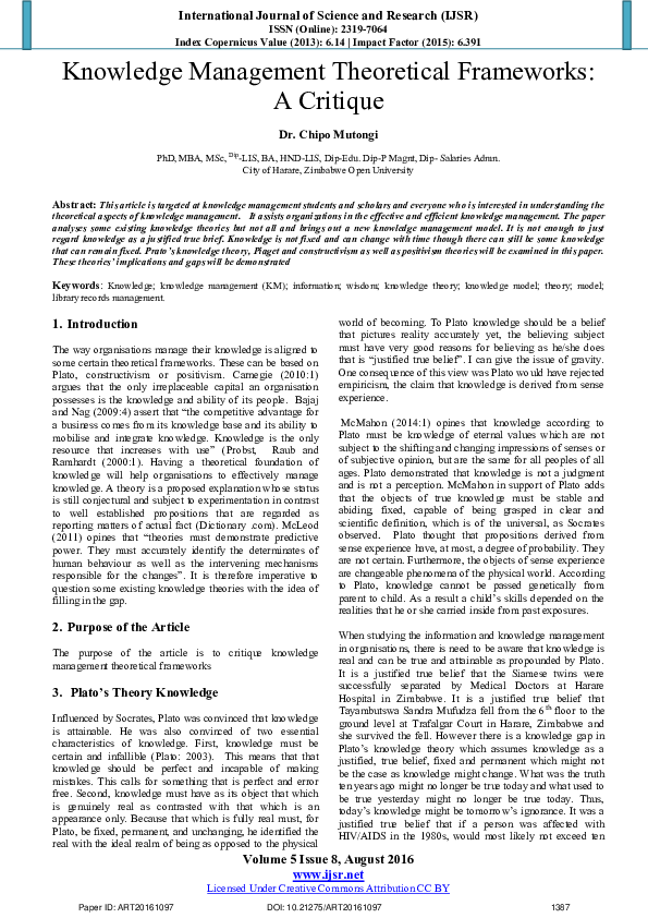 (PDF) Knowledge Management Theoretical Frameworks : A Critique