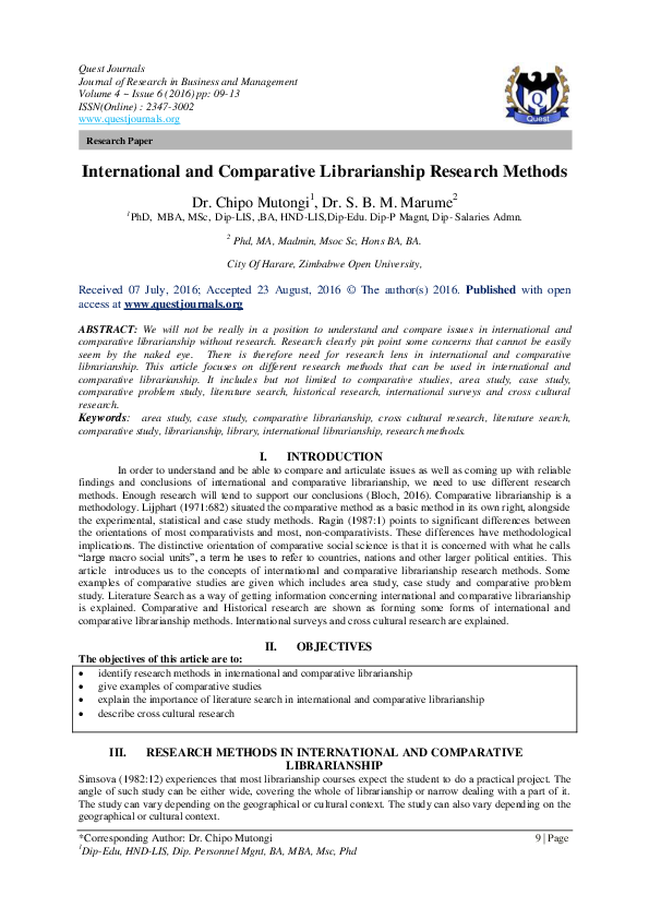 (PDF) International and Comparative Librarianship Research Methods