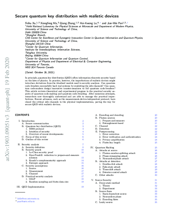 (PDF) Secure quantum key distribution with realistic devices