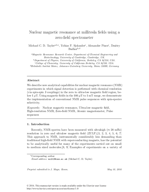 (PDF) Nuclear magnetic resonance at millitesla fields using a zero ...