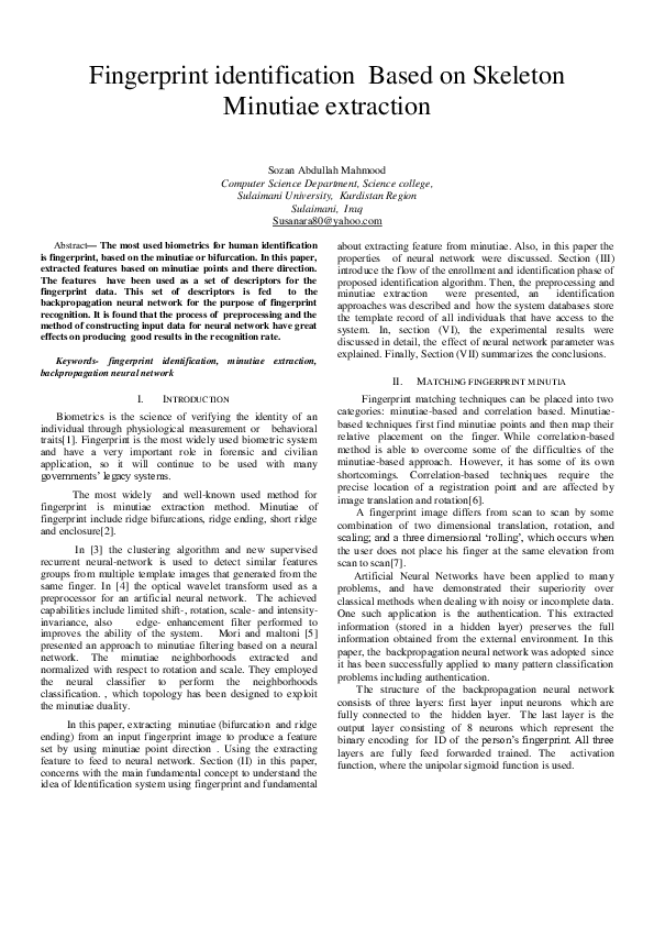 (PDF) Fingerprint identification Based on Skeleton Minutiae extraction