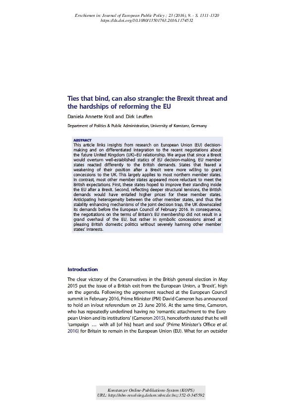 (PDF) Ties that bind, can also strangle: the Brexit threat and the ...