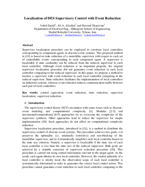 (PDF) Localization of DES Supervisory Control with Event Reduction