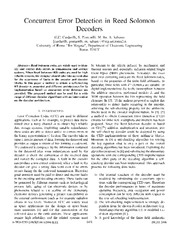 (PDF) Concurrent error detection in Reed Solomon decoders Gian