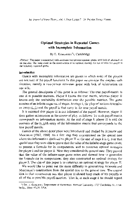 (PDF) Optimal strategies in repeated games with incomplete information