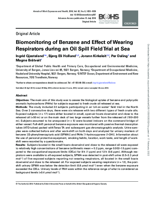 (PDF) Biomonitoring of Benzene and Effect of Wearing Respirators during an Oil Spill Field Trial