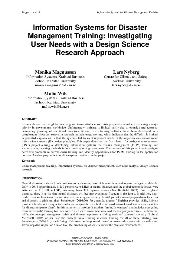 (PDF) Information Systems for Disaster Management Training ...