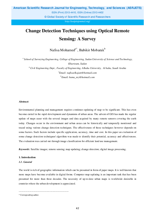 (PDF) Change Detection Techniques using Optical Remote Sensing: A Survey