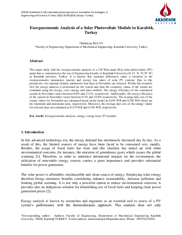 (PDF) Exergoeconomic Analysis of a Solar Photovoltaic Module in Karabük ...