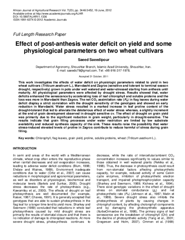 (PDF) Effect of postanthesis water deficit on yield and some