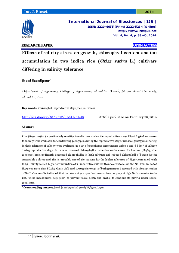 (PDF) Effects of salinity stress on growth, chlorophyll content and ion ...