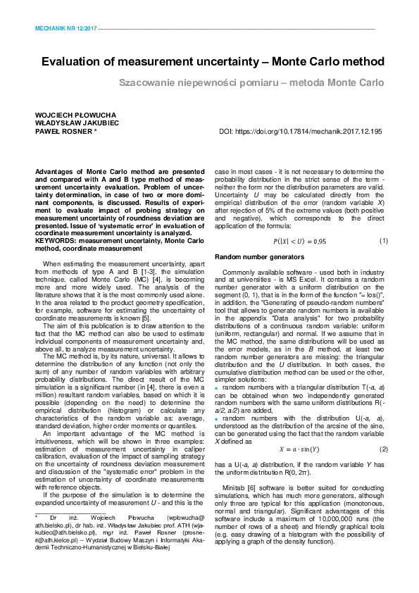 (PDF) Evaluation of measurement uncertainty – Monte Carlo method