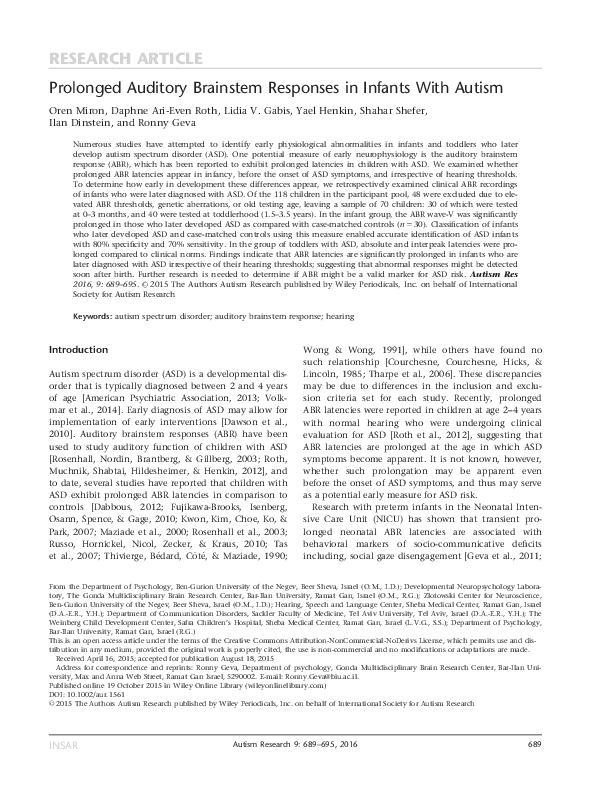 (PDF) Prolonged auditory brainstem responses in infants with autism