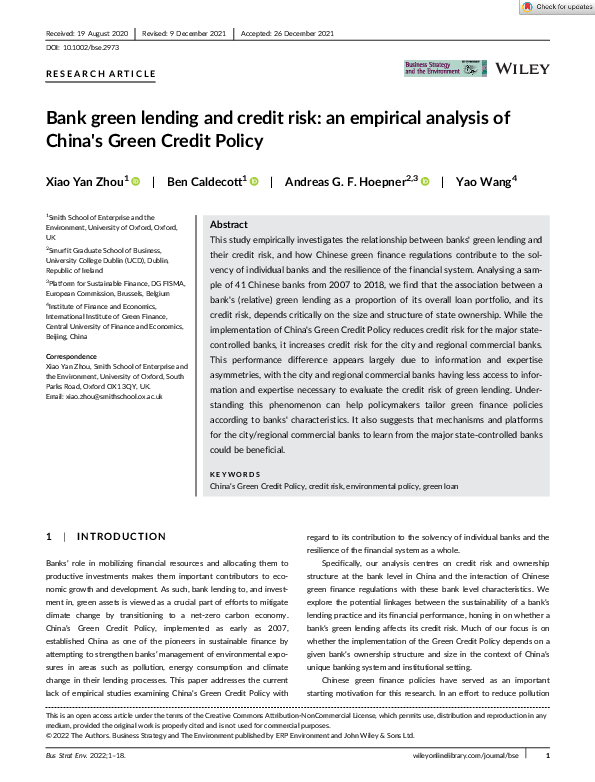 (PDF) Bank green lending and credit risk: an empirical analysis of ...