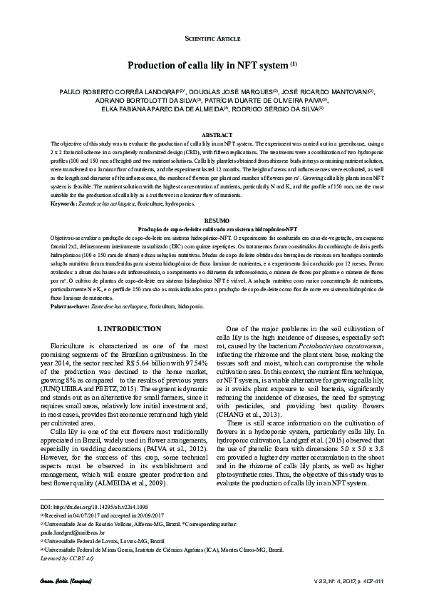 (PDF) Production of calla lily grown in an NFT system