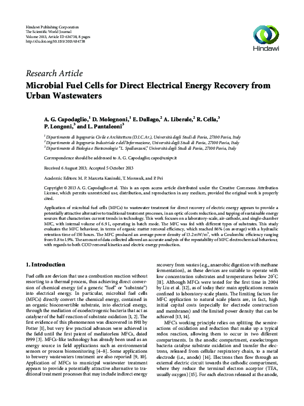 (PDF) Microbial Fuel Cells for Direct Electrical Energy Recovery from ...