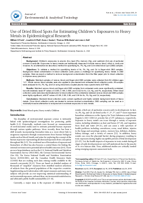 (PDF) Use of Dried Blood Spots for Estimating Children?s Exposures to ...