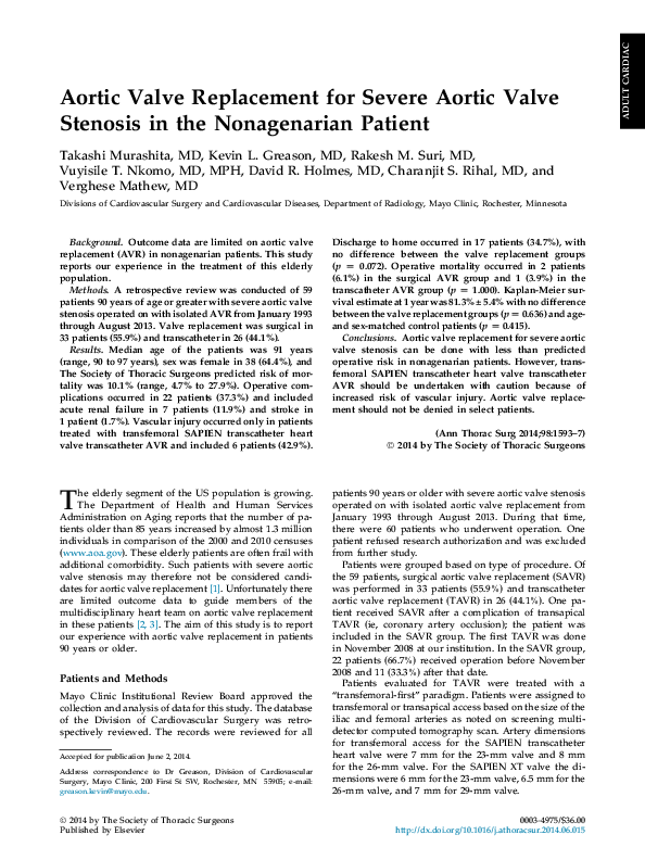 (PDF) Aortic valve replacement for severe aortic valve stenosis in the ...