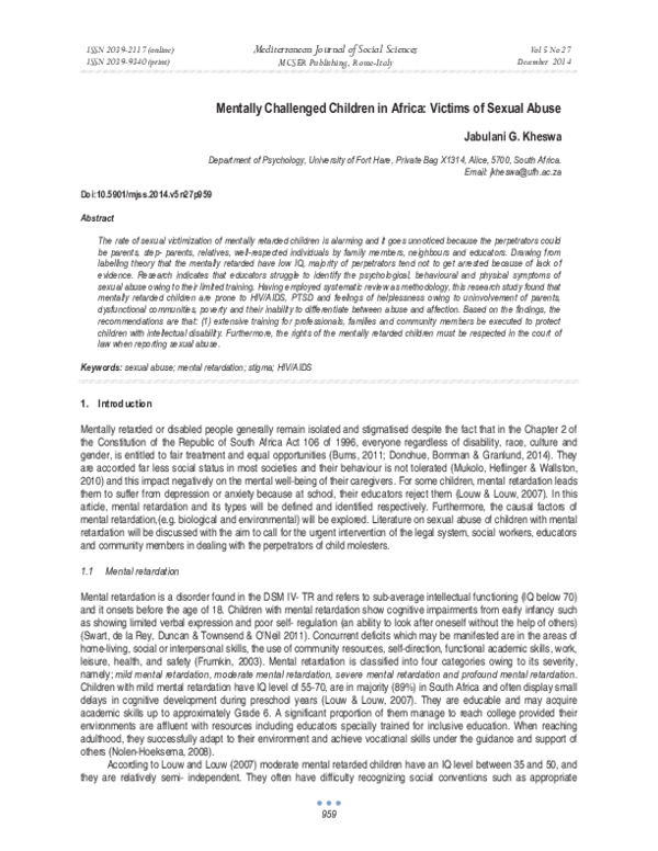 (PDF) Mentally Challenged Children in Africa: Victims of Sexual Abuse