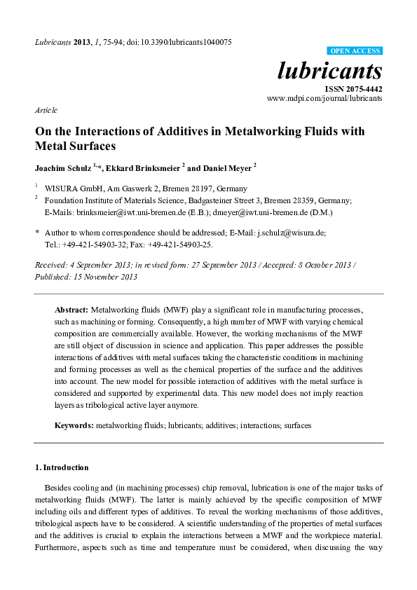 (PDF) On the Interactions of Additives in Metalworking Fluids with Metal Surfaces Daniel Meyer