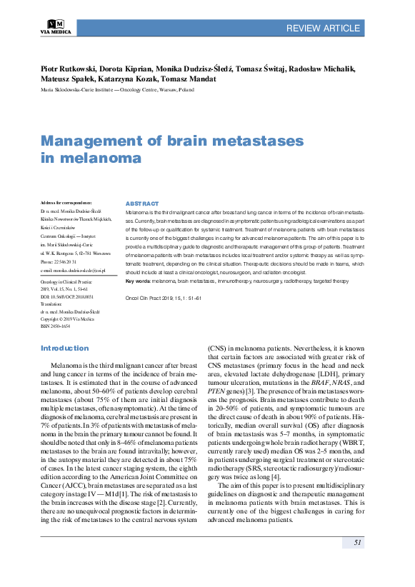 (PDF) Management of brain metastases in melanoma