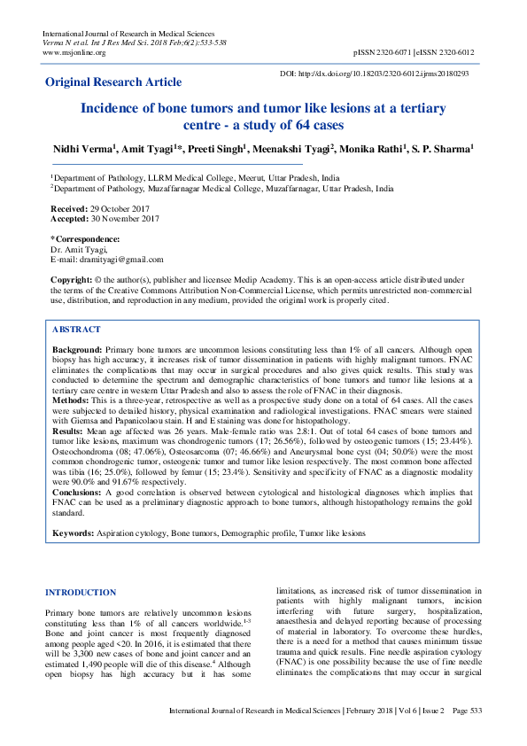 (PDF) Incidence of bone tumors and tumor like lesions at a tertiary ...