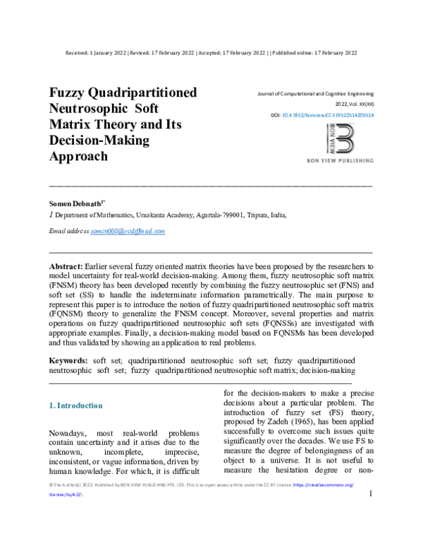 (PDF) Fuzzy Quadripartitioned Neutrosophic Soft Matrix Theory and Its ...