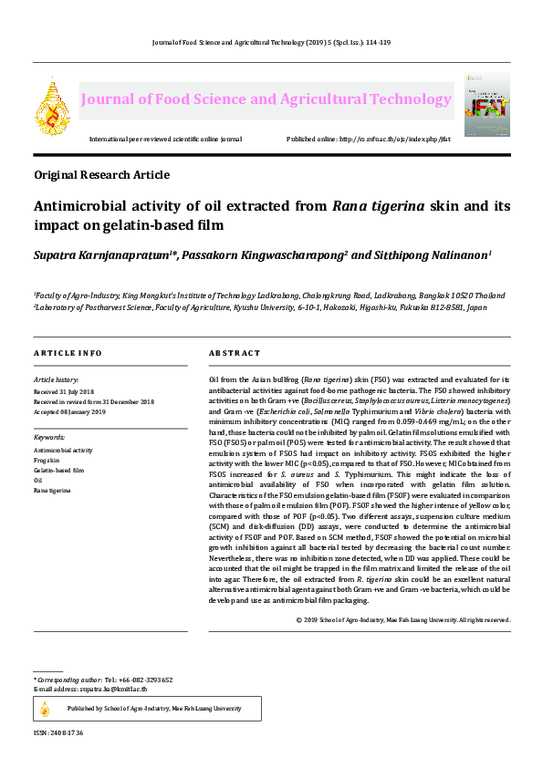 (PDF) Antimicrobial activity of oil extracted from Rana tigerina skin ...