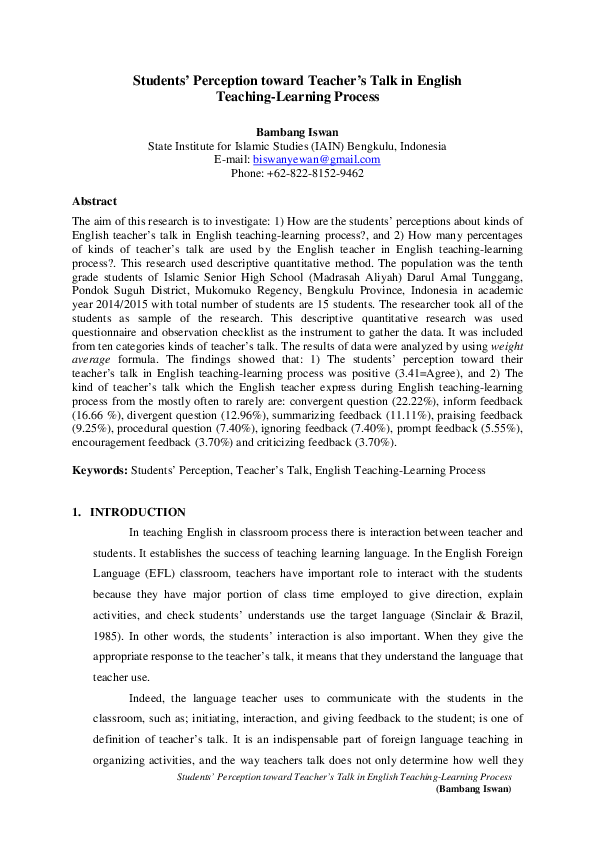 (PDF) Students’ Perception toward Teacher’s Talk in English Teaching ...