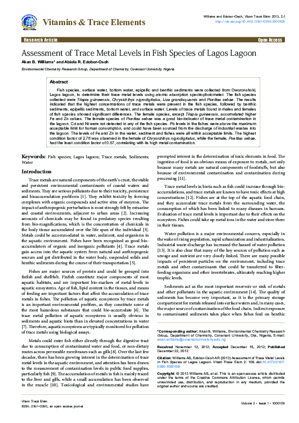 (PDF) Assessment of Trace Metal Levels in Fish Species of Lagos Lagoon