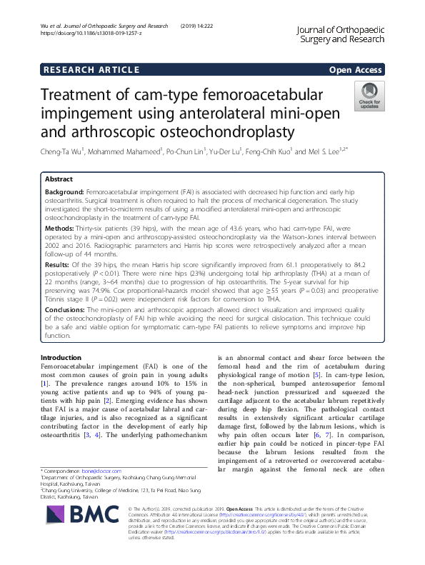 (PDF) Treatment of camtype femoroacetabular impingement using
