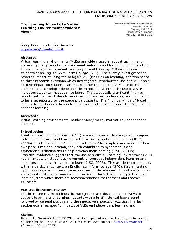 (PDF) The Learning Impact of a Virtual Learning Environment: Students ...