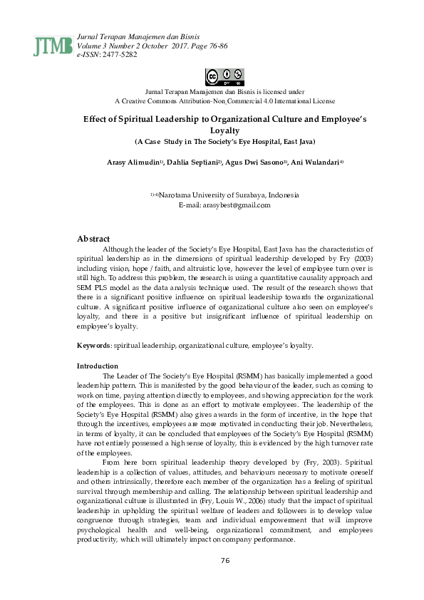 (PDF) Effect of Spiritual Leadership to Organizational Culture and ...
