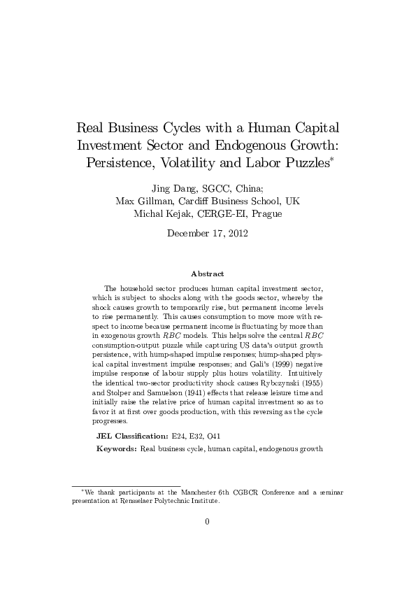 (PDF) Real Business Cycles with a Human Capital Investment Sector and ...