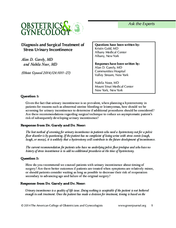 (PDF) Diagnosis and Surgical Treatment of Stress Urinary Incontinence