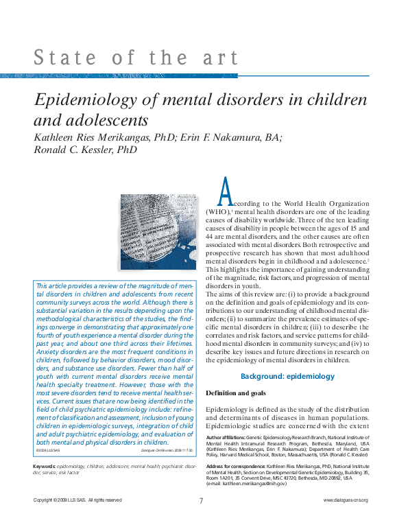 (PDF) Epidemiology of mental disorders in children and adolescents