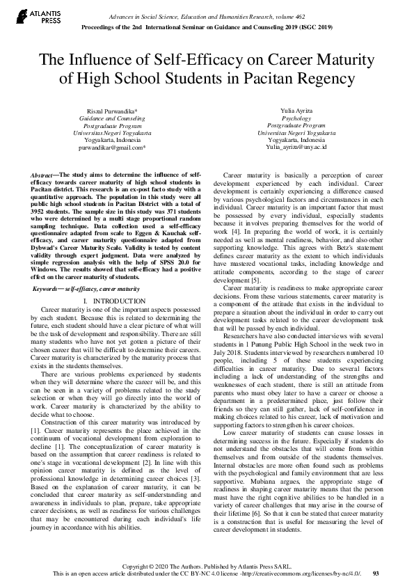 (PDF) The Influence of Self-Efficacy on Career Maturity of High School ...