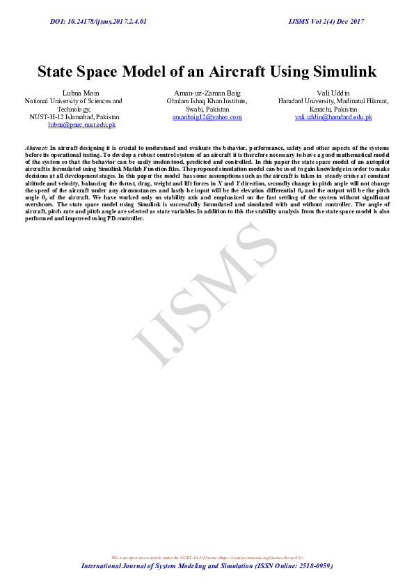 (PDF) State Space Model of an Aircraft Using Simulink
