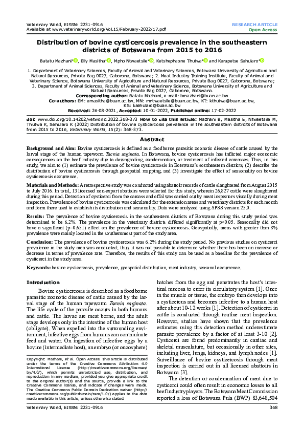 (PDF) Distribution of bovine cysticercosis prevalence in the ...