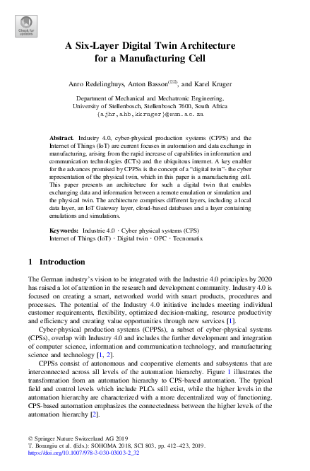 (PDF) A Six-Layer Digital Twin Architecture for a Manufacturing Cell