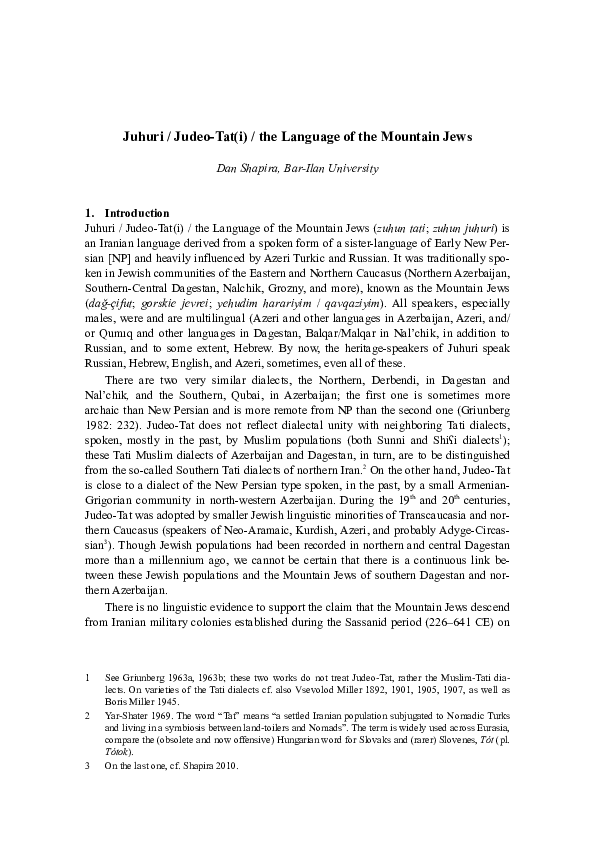 (PDF) Juhuri / JudeoTat(i) / the Language of the Mountain Jews