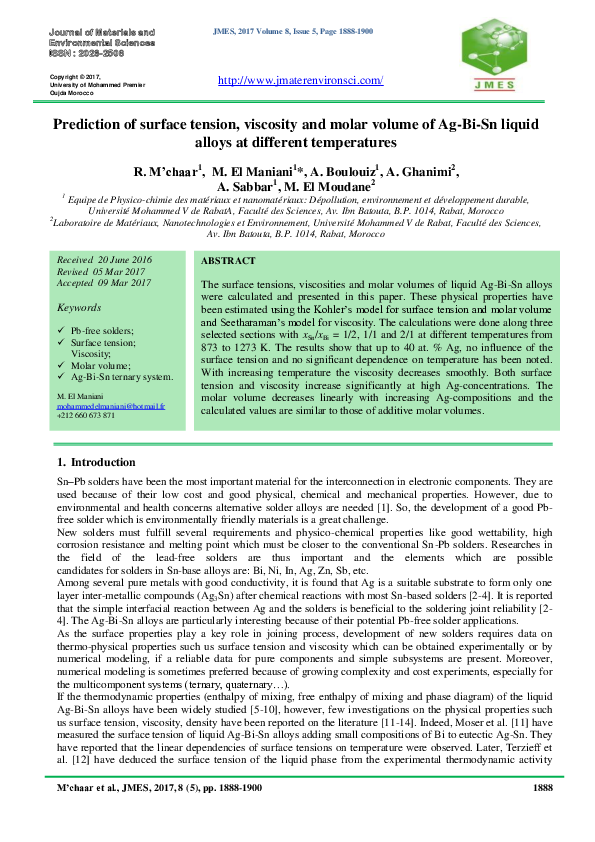 (PDF) Prediction of surface tension , viscosity and molar volume of Ag ...