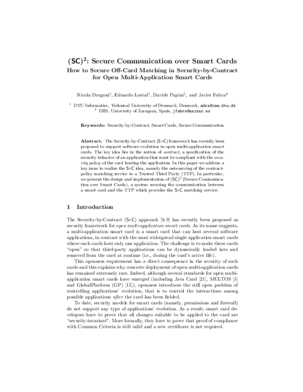(PDF) SC 2: Secure Communication over Smart Cards