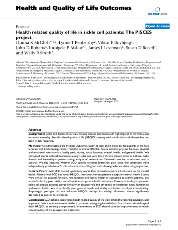 (PDF) Health related quality of life in sickle cell patients: the ...
