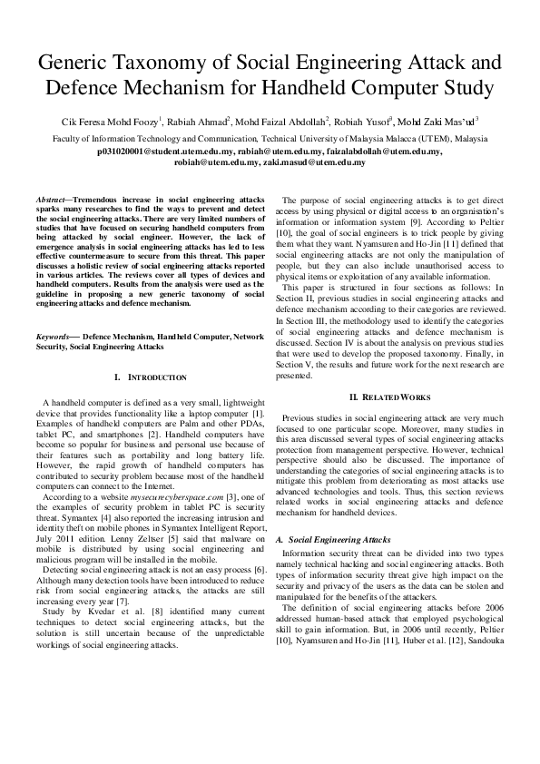 (PDF) Generic Taxonomy of Social Engineering Attack and Defence ...
