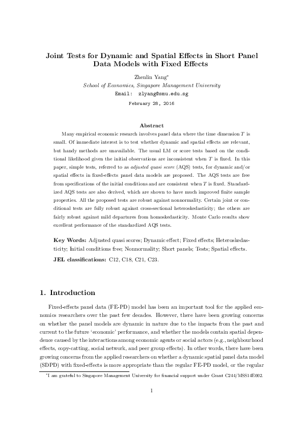 (PDF) Joint Tests for Dynamic and Spatial Effects in Short Panel Data ...