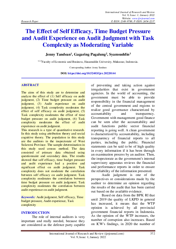 (PDF) The Effect of Self Efficacy, Time Budget Pressure and Audit ...